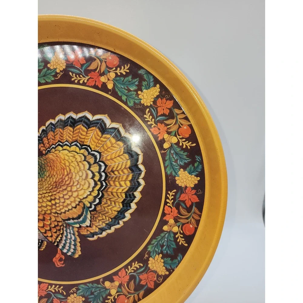 Vintage Thanksgiving Turkey Metal Serving Tray Round Tin Fall Harvest Decor 13
